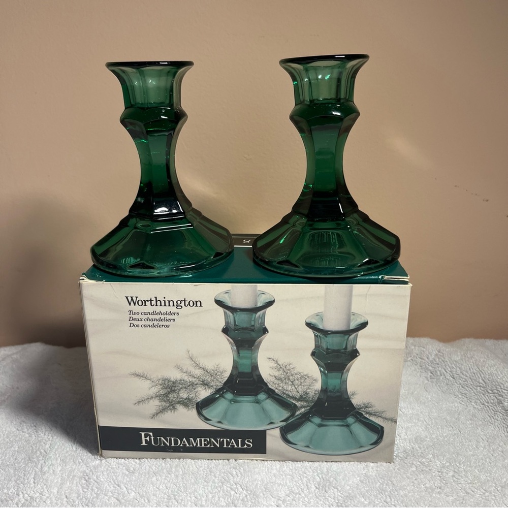 Worthington Fundamentals Tapered Candle Holders Teal Green 4.25"T 3.25" Base VTG